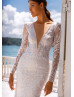 Long Sleeves Beaded Ivory Lace Tulle V Back Sexy Wedding Dress